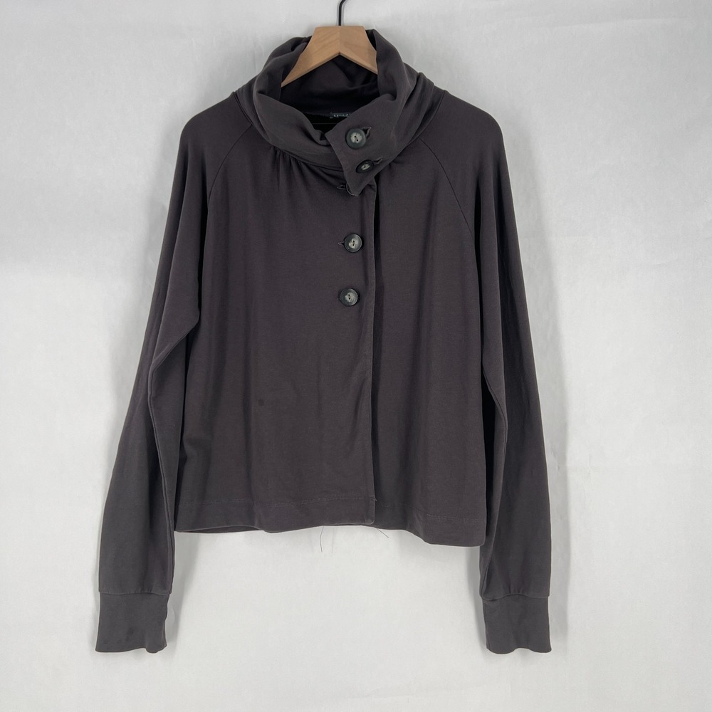 Lilla P Sweatshirt Womens Large Brown Cotton Cozy Knit Funnel Neck Button Front